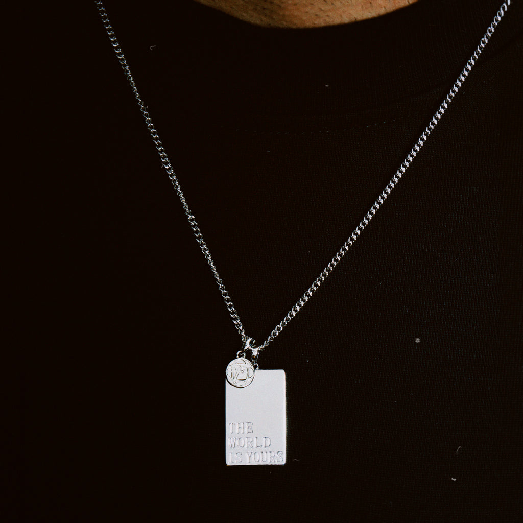 mens sterling silver world pendant necklace